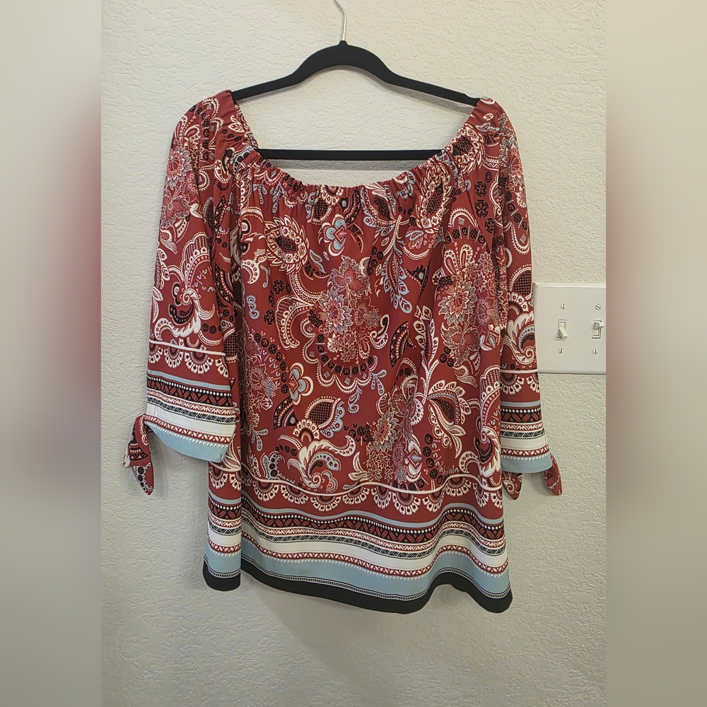Ann Taylor - Paisley - Off The Shoulder - Tie Cuff- 3/4 Sleeve Top Size XL - Picture 2 of 4